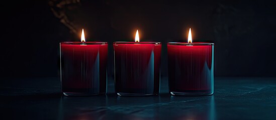 Aufkleber - Three red candles in glass holders illuminating a dark background, positioned in a row, creating a warm and serene ambiance with flickering flames.