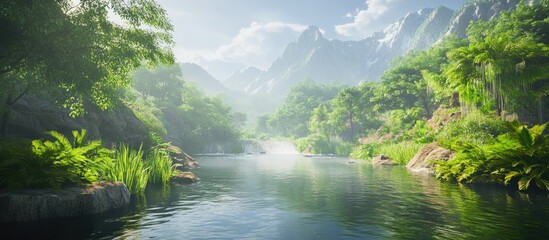 Aufkleber - Tranquil river flows gently through vibrant green foliage and trees with majestic mountains in the background under a bright blue sky.