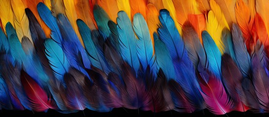 Poster - Colorful feather background with vibrant blue, orange, and purple tones arranged in a flowing pattern ideal for creative advertising and design.