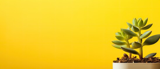 Aufkleber - Vibrant green succulent plant in white pot positioned on the left against a bright yellow background, ample space for text or images on the right.