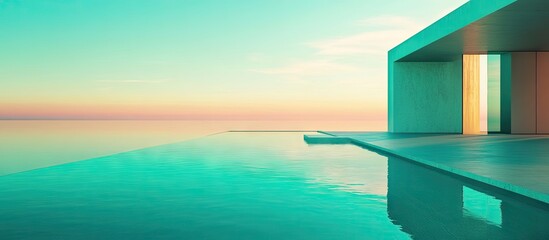 Poster - Modern swimming pool with turquoise water reflecting a pastel sky at sunset creating a tranquil and serene atmosphere in a minimalist setting