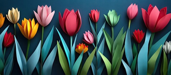 Poster - Colorful origami tulips in various shades of red pink yellow orange and green arranged on a dark blue background showcasing detailed paper craftsmanship