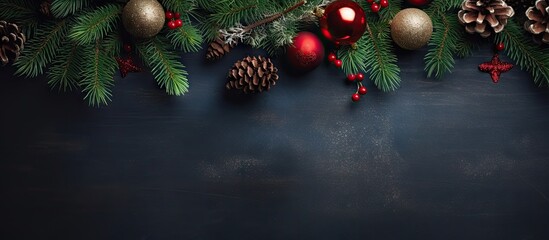 Poster - Christmas themed flat lay featuring green fir branches red and gold ornaments pine cones on a dark background with ample copy space for text