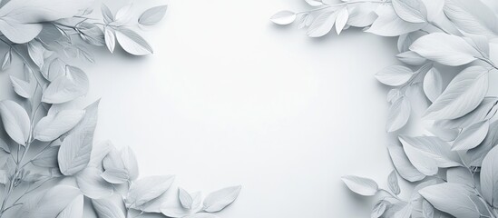 Poster - Elegant white leaf frame with soft gray shadows on a clean white background, featuring leaves positioned symmetrically along the edges.