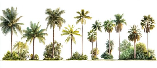 Leinwandbilder - Diverse collection of large tropical trees in various shades of green arranged horizontally against a clean white background ideal for design use