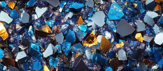 Leinwandbilder - Vibrant blue and gold mineral texture with various angular crystal formations creating a rich abstract background of shimmering colors.
