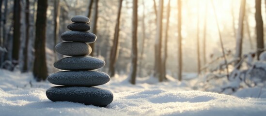 Aufkleber - Winter forest scene featuring a balanced stack of smooth stones in varying shades of grey and brown on a snowy ground, bathed in soft, warm sunlight.