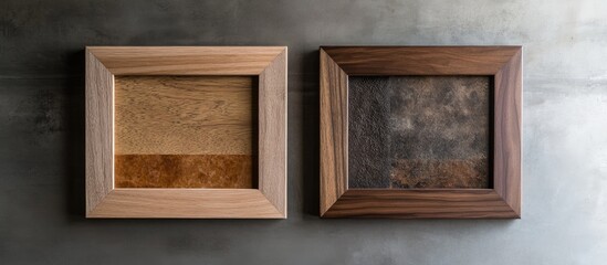 Poster - Wooden picture frames display contrasting light and dark tones against a textured gray background showcasing versatility in home decor styles.