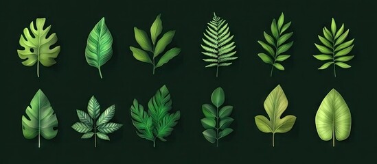 Aufkleber - Tropical leaf collection in vibrant green hues on a dark background showcasing flat design foliage for eco-friendly creative projects