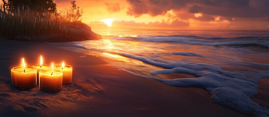 Poster - Candlelight flickers softly on a sandy beach at dusk with three yellow candles positioned on the foreground and vibrant orange sunset reflections on water.