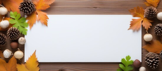 Poster - Fall themed background with orange and green leaves pinecones and chestnuts framing a central white rectangular space on a wooden surface.