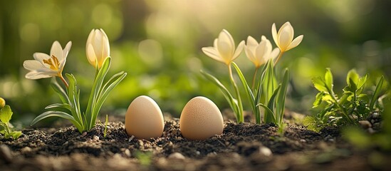 Leinwandbilder - Two brown eggs nestled in soil among delicate white flowers and lush greenery with soft sunlight creating a warm, tranquil atmosphere.