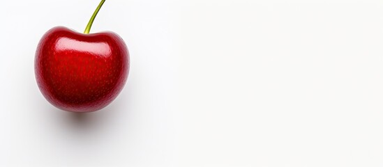 Poster - Isolated red cherry on a white background positioned to the left creating ample copy space with a smooth and clean minimalist aesthetic.