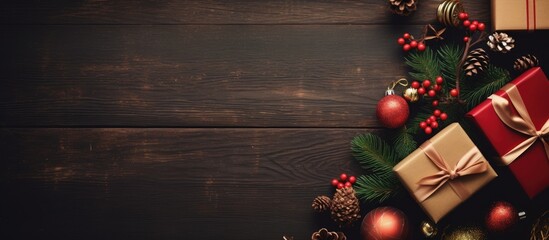 Poster - Christmas themed flat lay with golden presents red ornaments and pine on dark wooden background, festive and warm atmosphere top right arrangement.