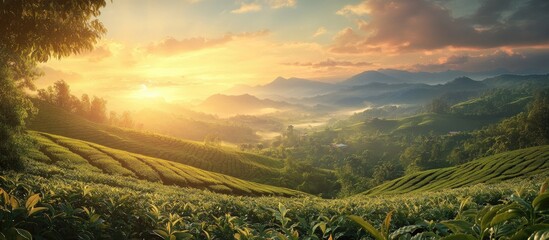 Poster - Sunset over lush green tea plantation with rolling hills and vibrant orange sky creating a serene atmosphere in a picturesque landscape.