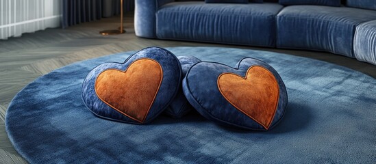 Aufkleber - Contemporary heart-shaped blankets in blue and orange resting on a circular deep blue rug creating a cozy modern interior decor setting.