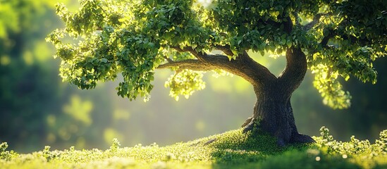 Fototapete - Lush green tree with expansive canopy gently illuminated by sunlight in a serene natural setting, casting soft shadows on the ground.