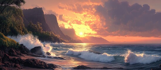 Poster - Vibrant sunset illuminates dramatic coastal cliffs with crashing waves and lush greenery in foreground showcasing nature's beauty and tranquility.