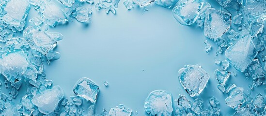 Poster - Crushed ice scattered on a light blue background with empty copy space in the center creating a refreshing and cool aesthetic for designs