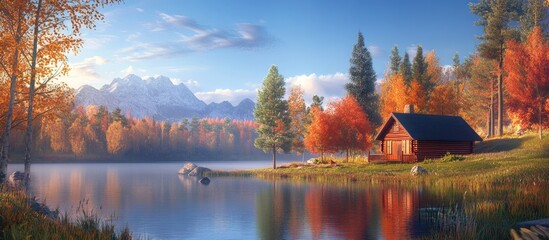 Aufkleber - Serene autumn landscape featuring a cozy red cabin beside a tranquil lake surrounded by vibrant orange and yellow trees under a clear blue sky