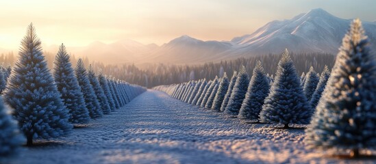 Fototapete - Winter landscape featuring rows of snow-covered evergreen trees at a Christmas tree farm with mountains in the background and warm sunset hues.