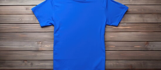 Poster - Top view of a vibrant blue t-shirt centered on a rustic wooden background with ample blank space for custom designs or text.