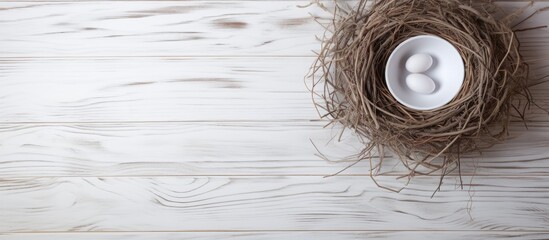 Leinwandbilder - Nest with two white eggs atop a round brown nest on a white wooden surface bright and serene ambiance emphasizing tranquility and warmth