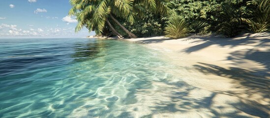 Aufkleber - Serene tropical shoreline with clear turquoise waters gently lapping against a pristine sandy beach surrounded by lush green palm trees and foliage.