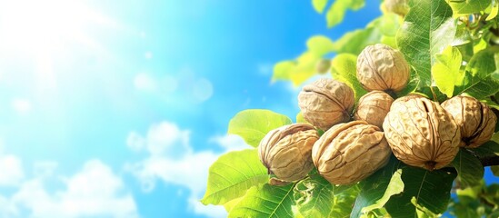 Aufkleber - Bright blue sky backdrop featuring a walnut tree branch with ripe walnuts and vibrant green leaves positioned prominently to the left.