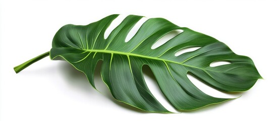 Poster - Lush green Monstera palm leaf positioned diagonally on a clean white background showcasing intricate cutouts and vibrant textures for tropical decor.