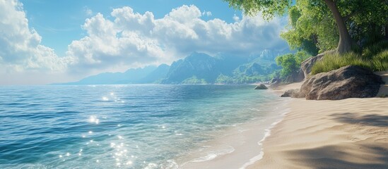 Aufkleber - Serene tropical beach scene with crystal clear turquoise waters gently lapping the sandy shore surrounded by lush greenery and distant mountains.