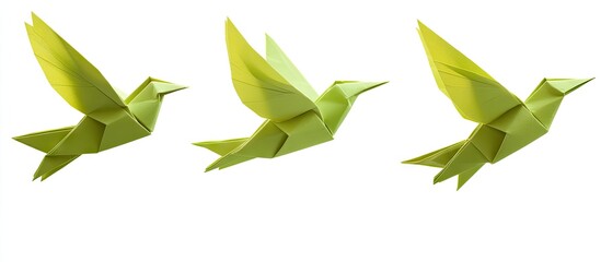 Poster - Three vibrant yellow-green origami birds in different flying positions against a clean white background showcasing intricate folds and textures.