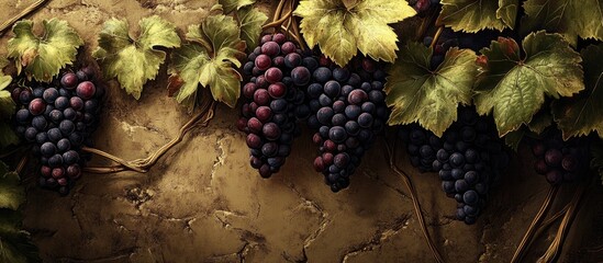 Fototapete - Vibrant clusters of dark purple and red grapes hang on textured golden-brown soil with lush green leaves, showcasing an urban vineyard setting.