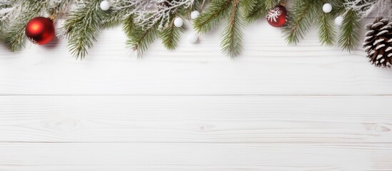 Poster - Festive Christmas decorations with pine branches, red ornaments, white baubles, and pinecones on a white wooden background.