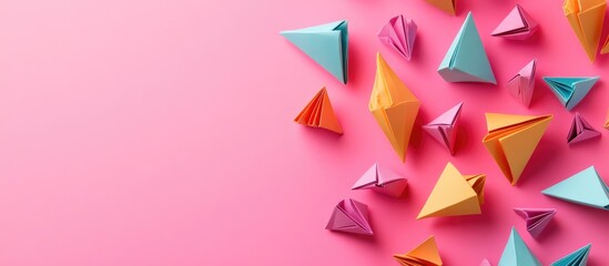 Poster - Colorful origami ice cream cones in varying shapes, positioned on the right against a soft pink background, with ample copy space on the left.