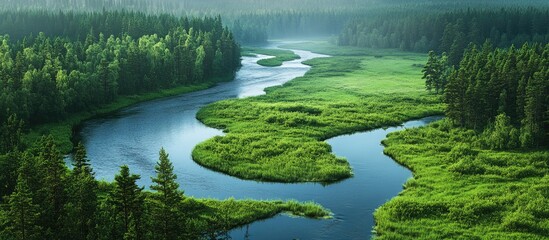 Aufkleber - Serene river winding through vibrant green foliage with misty hills in background evokes tranquility and showcases the beauty of nature's landscape