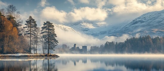 Fototapete - Mist-covered lake reflecting autumn trees and distant mountains under a serene blue sky, evoking tranquility and natural beauty.