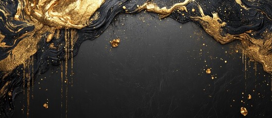 Fototapete - Abstract black background with flowing gold and dark textures, showcasing gold drips and splatters, ideal for luxury or artistic designs.