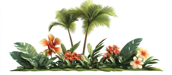 Poster - Tropical plant arrangement featuring vibrant orange and yellow flowers with lush green leaves and palm trees on white background horizontal layout