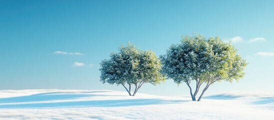 Aufkleber - Snowy landscape featuring three green-leafed trees against a clear blue sky, positioned centrally to allow space for text insertion.