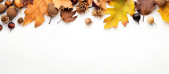 Leinwandbilder - Autumn foliage and natural elements in warm yellow, orange, and brown shades arranged on a white background for seasonal decor or design.