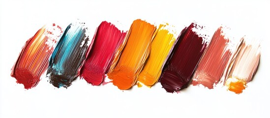 Aufkleber - Colorful horizontal arrangement of eight vibrant paint swatches including shades of brown, orange, red, yellow, and blue on a white background.