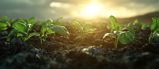 Aufkleber - Green seedlings emerge from rich dark soil illuminated by soft morning sunlight, symbolizing growth and ecological harmony in nature's beauty.
