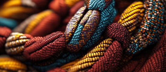 Leinwandbilder - Colorful woven polymer clay beads in vibrant shades of red, turquoise, and gold intricately layered to create a textured handmade jewelry background.