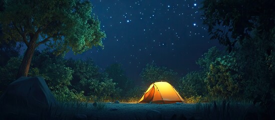 Leinwandbilder - Cozy orange tent illuminated at night under a starry sky surrounded by lush green trees and soft shadows creating a serene camping atmosphere
