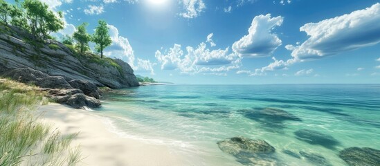 Aufkleber - Serene coastal landscape showcasing vivid turquoise waters and soft white sand under a bright blue sky with scattered clouds and lush greenery on the shore