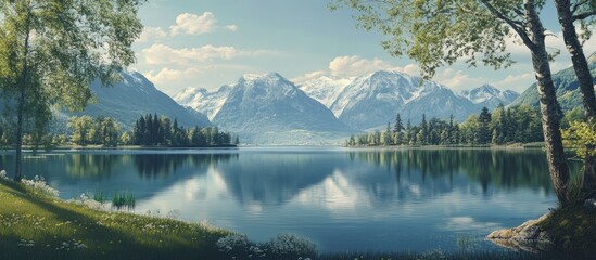 Aufkleber - Tranquil lakeside landscape featuring serene blue water reflecting majestic snow-capped mountains and lush green trees under a clear sky.
