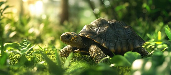 Leinwandbilder - Tortoise wandering through lush green grass and vibrant plants illuminated by soft sunlight, showcasing nature's tranquility and beauty