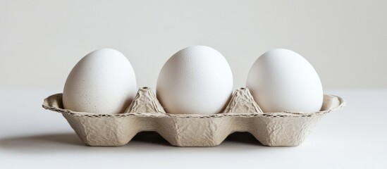 Poster - Three white eggs arranged neatly in a beige cardboard tray on a bright white background enhancing their simple elegance and natural beauty