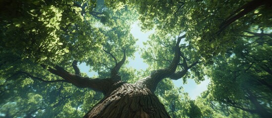 Fototapete - Lush green beech forest viewed from ground level with sun filtering through vibrant leaves and a textured tree trunk in the foreground.